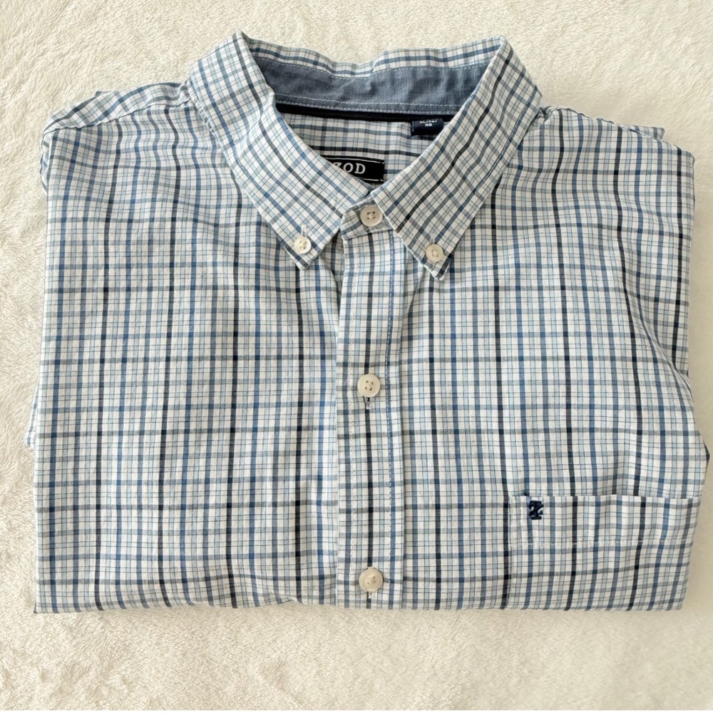 IZOD Mens XL Blue White Plaid Long Sleeve Button Down Shirt Chest Pocket Logo